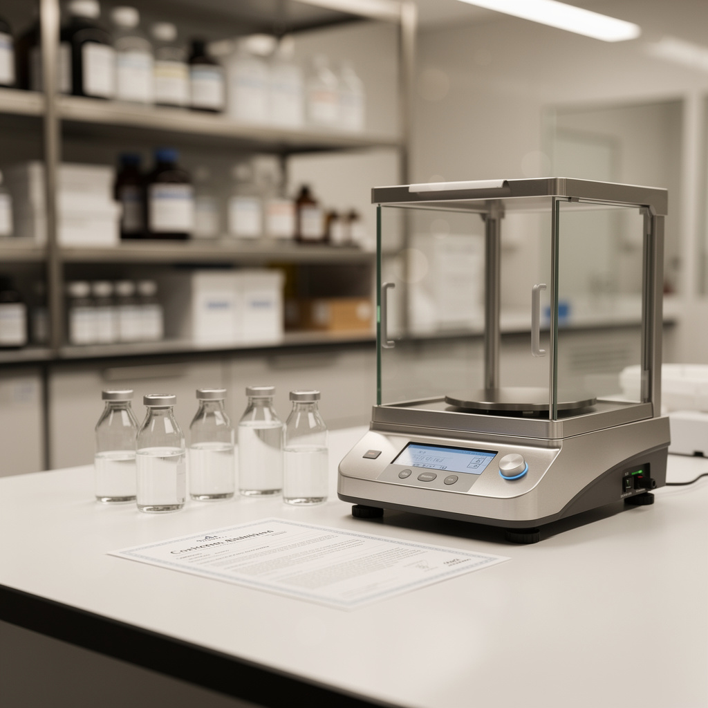 Laboratory scale and glass vials.