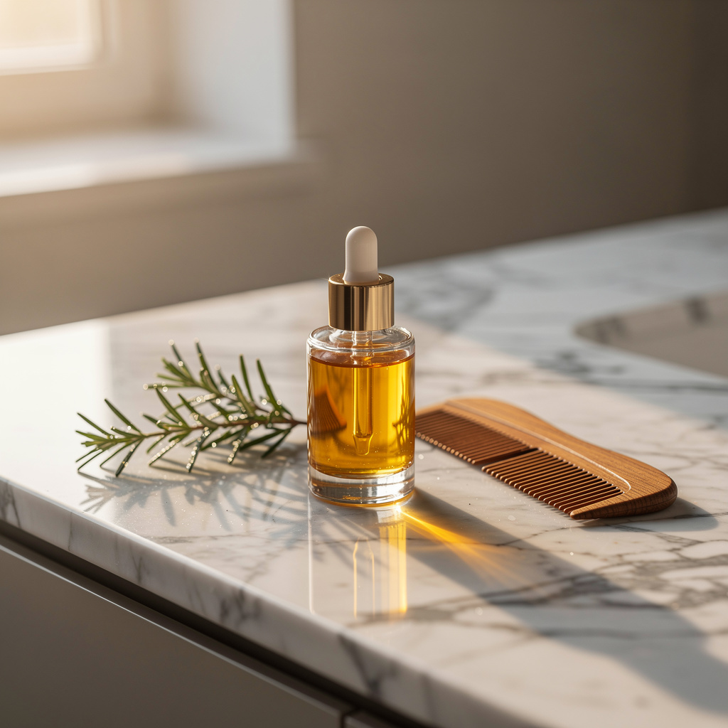 An amber hair oil bottle.