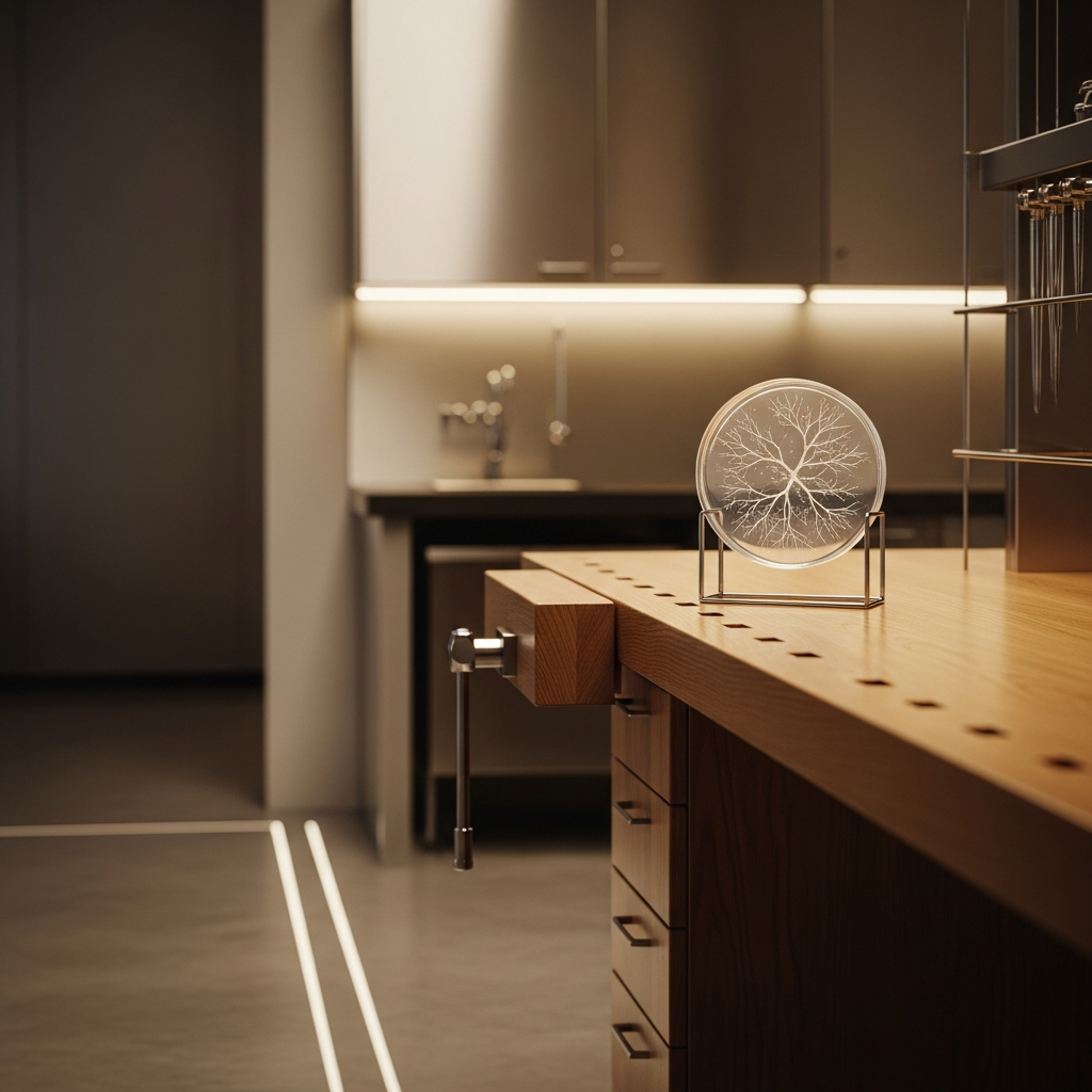 An etched glass sculpture on a workbench.