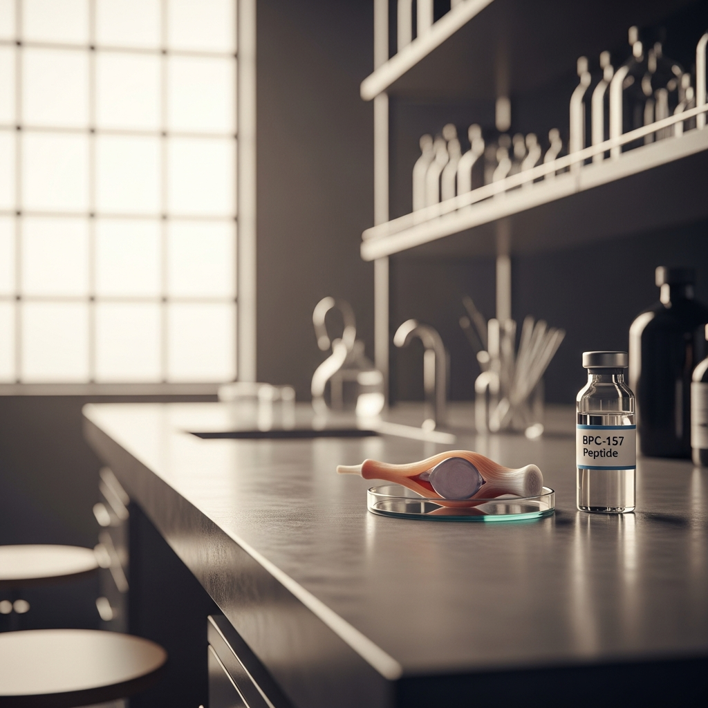 BPC-157 peptide vial on a laboratory table.