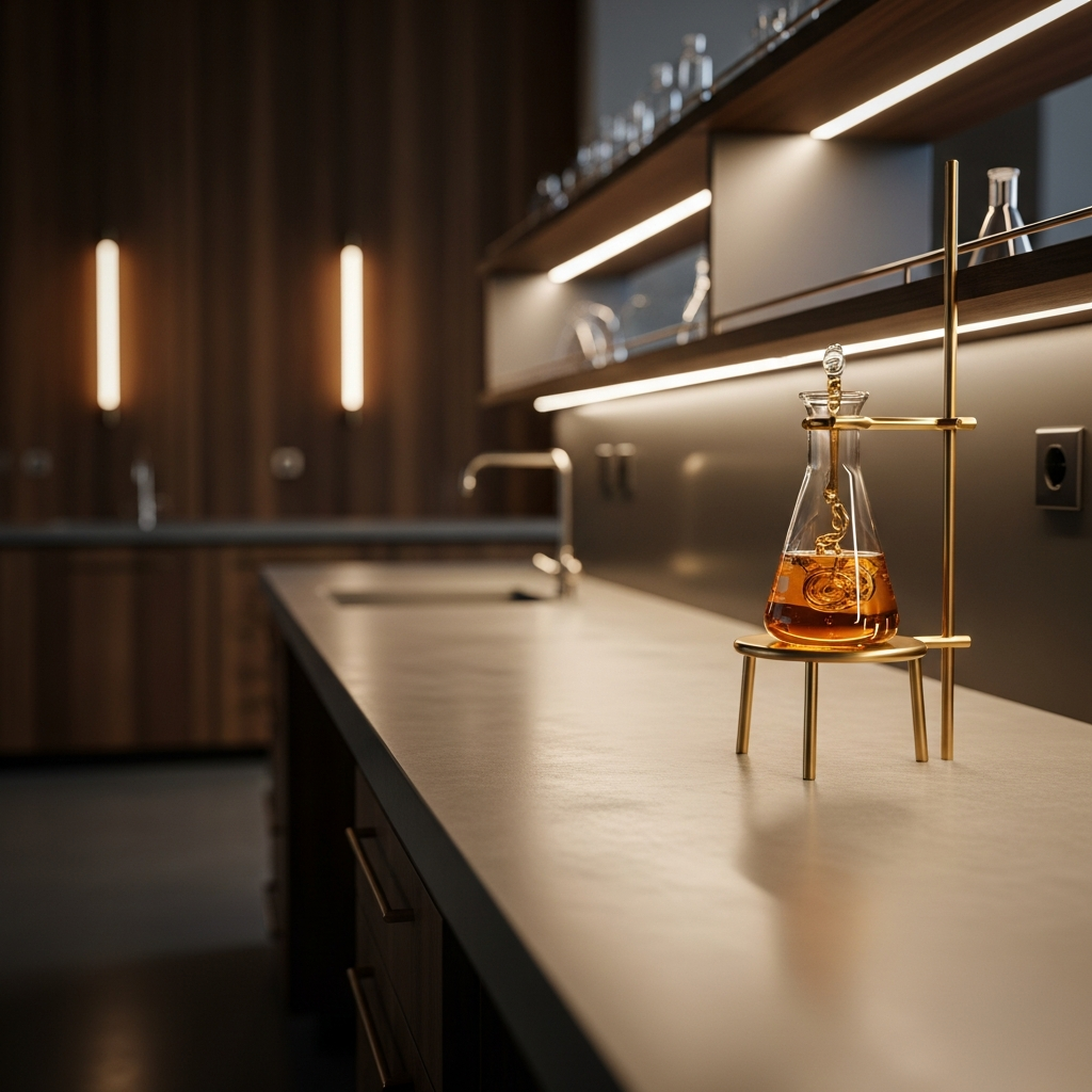 Elegant laboratory glassware on counter.