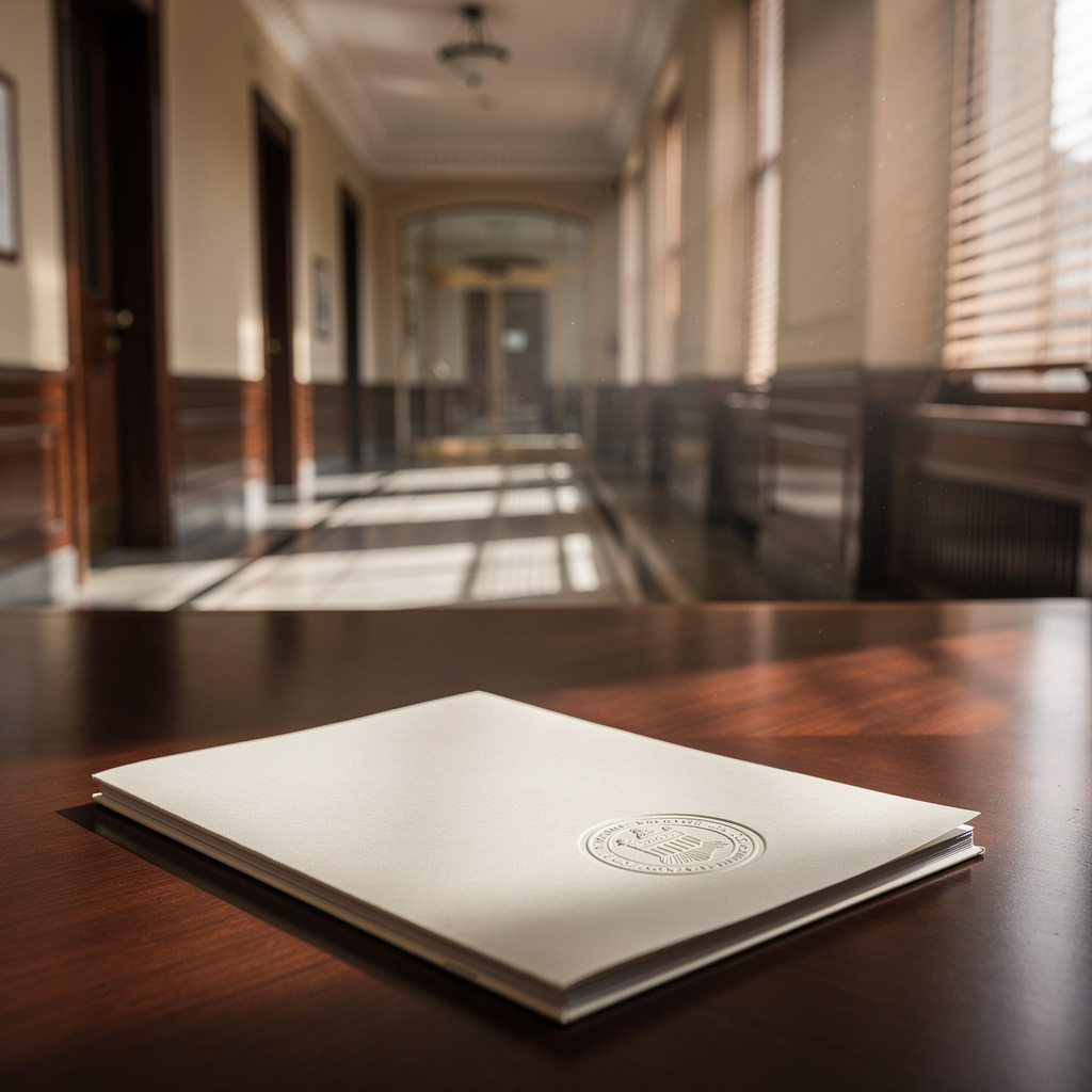 Official document on a wooden desk.