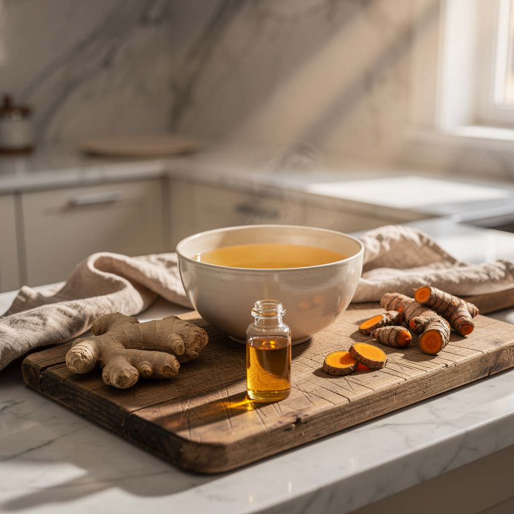 A wooden board with ginger and turmeric.